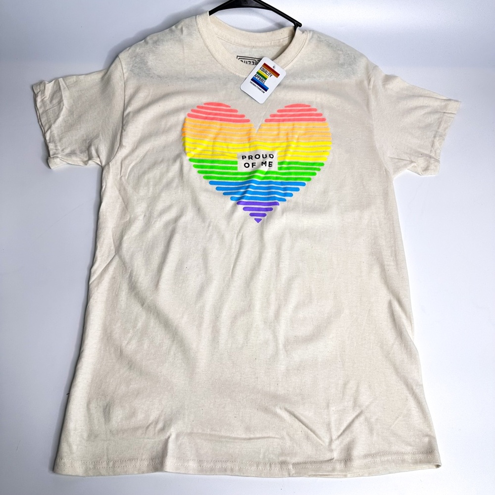 NEW Pride LGBTQIA Proud of Me Rainbow Heart Tan Short Sleeve Tee T-Shirt S M L
